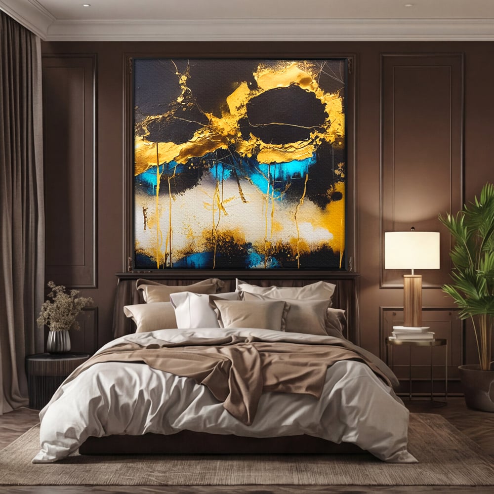 Tablou canvas cu pictura abstracta cu forme aurii si albastre, in rama de aluminiu negru, pe perete intr-un dormitor